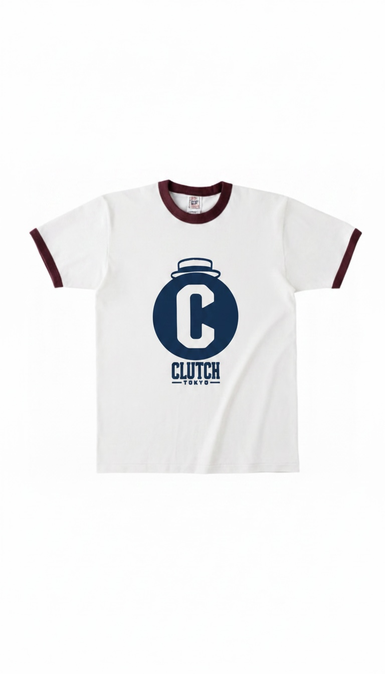 CLUTCH TOKYOオリジナルシルクスクリーンプリント リンガーTシャツ Original Ring Tee White x Wine