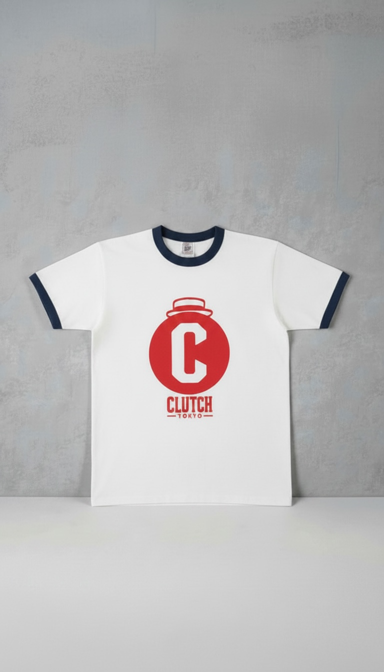 CLUTCH TOKYOオリジナルシルクスクリーンプリント リンガーTシャツ Original Ring Tee White x Navy