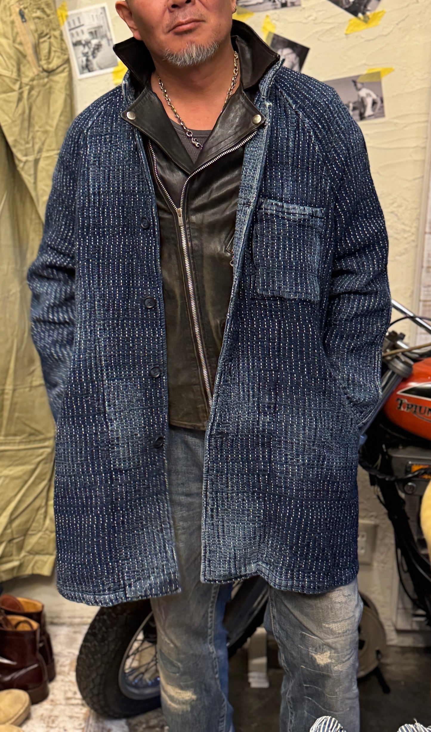 SHAW CLASSY HEAVY SASHIKO WHITE LINE COAT<刺し子ラグランコート>