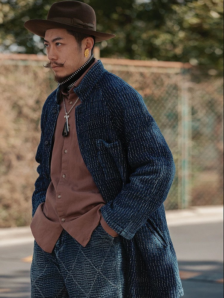 SHAW CLASSY HEAVY SASHIKO WHITE LINE COAT