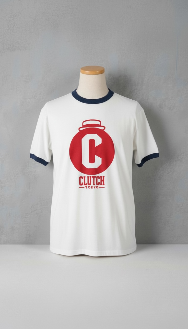 CLUTCH TOKYOオリジナルシルクスクリーンプリント　リンガーTシャツ　Original Ring Tee White x Navy