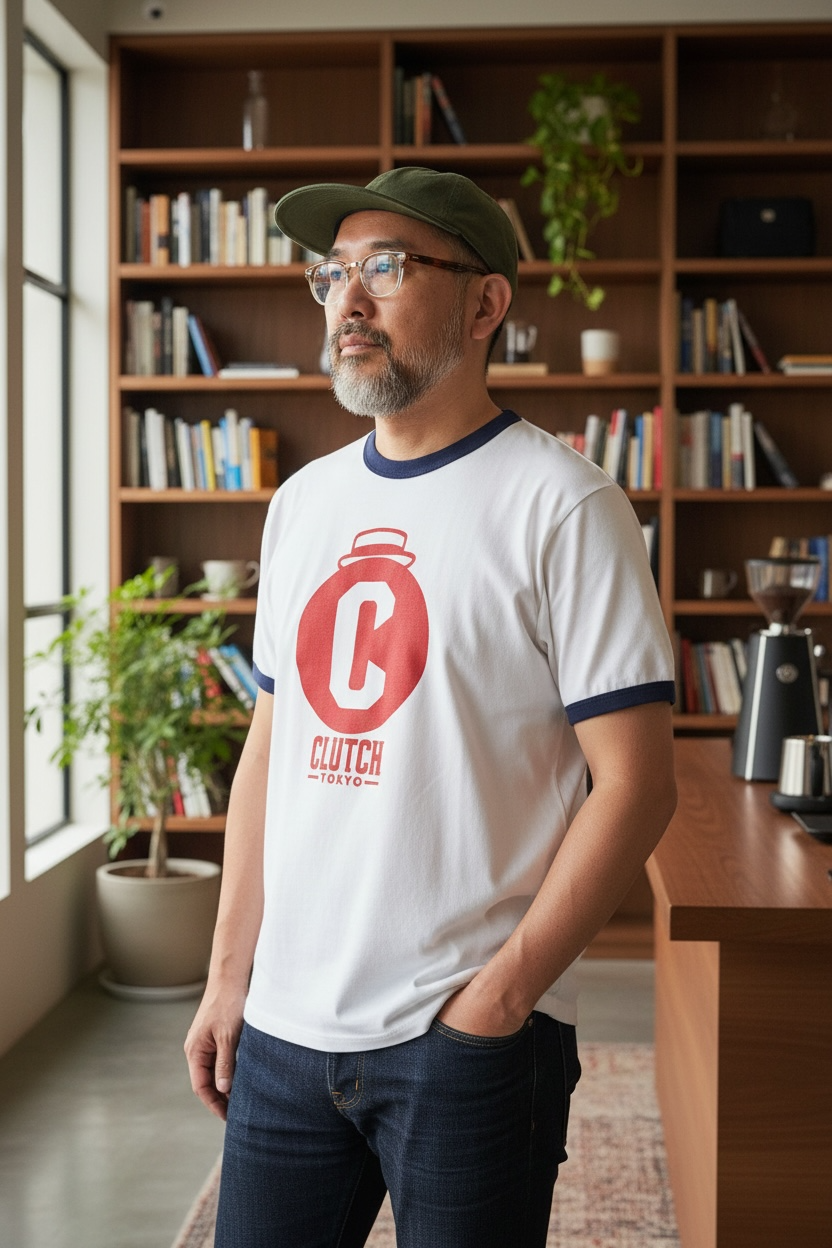 CLUTCH TOKYOオリジナルシルクスクリーンプリント　リンガーTシャツ　Original Ring Tee White x Navy