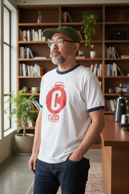 CLUTCH TOKYOオリジナルシルクスクリーンプリント　リンガーTシャツ　Original Ring Tee White x Navy