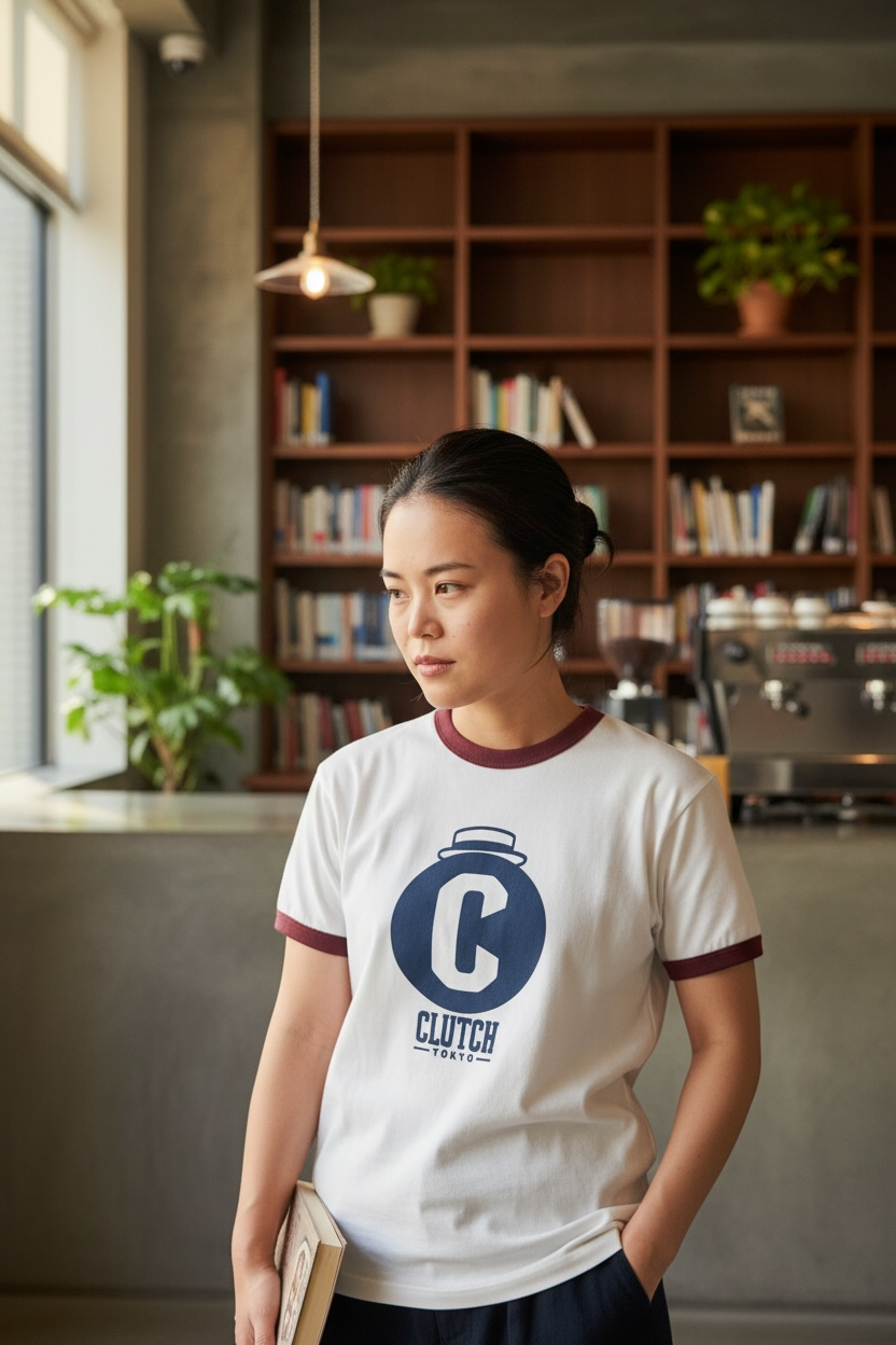 CLUTCH TOKYOオリジナルシルクスクリーンプリント　リンガーTシャツ　Original Ring Tee White x Wine