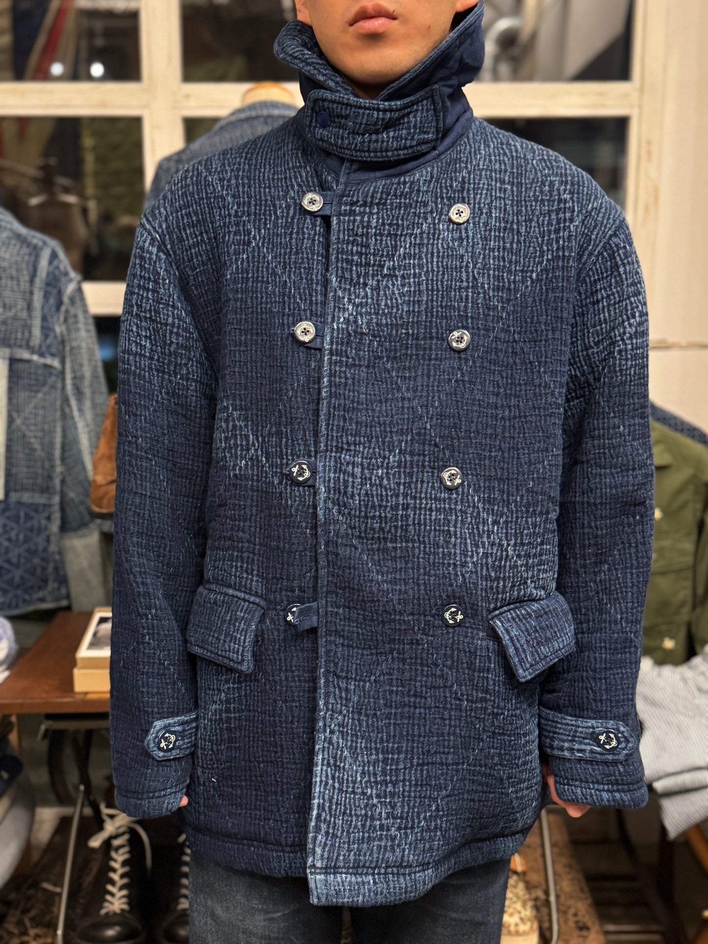 SHAW CLASSY HEAVY SASHIKO DOUBLE PADDED COAT　刺し子ショールカラーコート